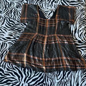 Free people metallic gold plaid square neck short sleeve dress urban outfitters